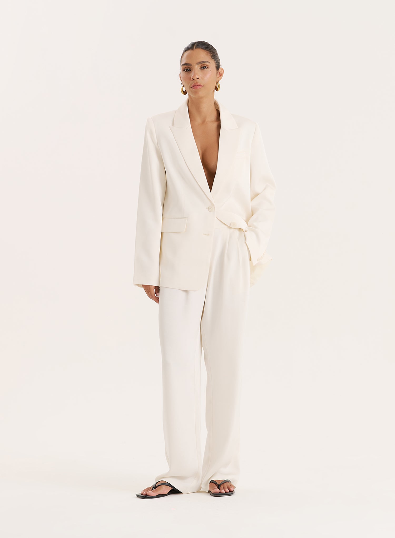Cream Satin Tailored Straight Leg Trousers